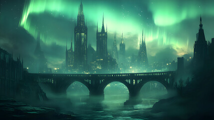 A surreal cityscape with twisting spires and glowing bridges under an aurora sky.
