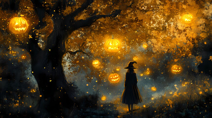 Midnight whispers of golden witchcraft on all hallows' eve. Hallowed. Illustration