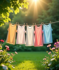 Natural Clothes Drying on a Sunny Day in a Garden. Perfect for campaigns focused on eco friendly lifestyles, sustainable fashion, or green living