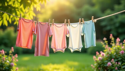 Natural Clothes Drying on a Sunny Day in a Garden. Perfect for campaigns focused on eco friendly lifestyles, sustainable fashion, or green living