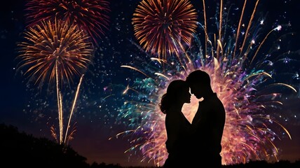Loving Couple Embraces Amidst Fireworks Celebration