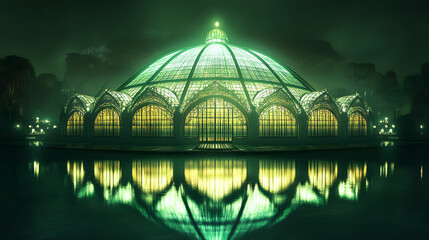 Fototapeta premium A surreal domed greenhouse glowing with soft green and amber lights surrounded by reflective water.