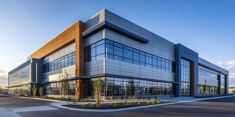 Obraz premium Modern industrial building with a gray and blue color scheme