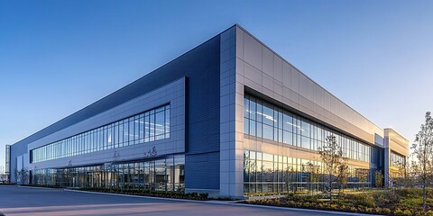 Obraz premium Modern industrial building with a gray and blue color scheme