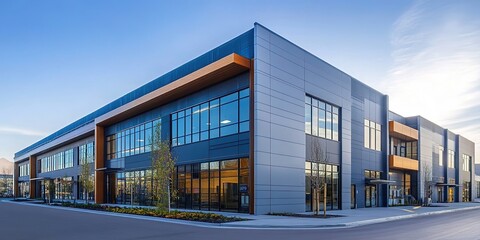 Fototapeta premium Modern industrial building with a gray and blue color scheme