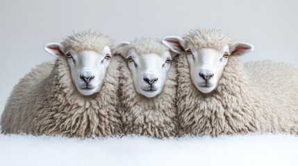 Three fluffy sheep sitting side-by-side against a white background.