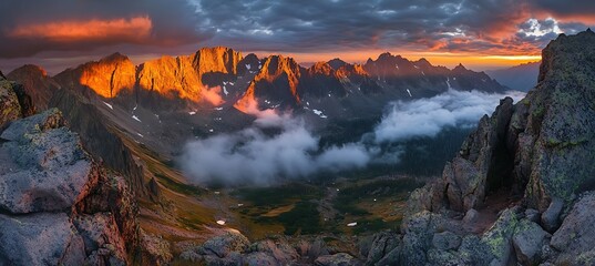 Obraz premium A dramatic mountain range at sunrise, with jagged peaks glowing in the morning light, and a valley filled with low-lying clouds 