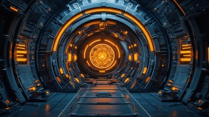Obraz premium Futuristic tunnel, glowing orange circle, dark, metal, sci-fi