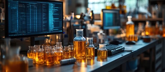 Naklejka premium Laboratory scene with computers and beakers of amber liquid.