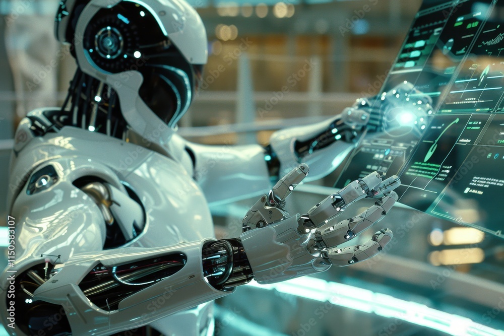 Leinwandbilder Robotic hand interacts with computer screen in a modern technology lab during a research demonstration