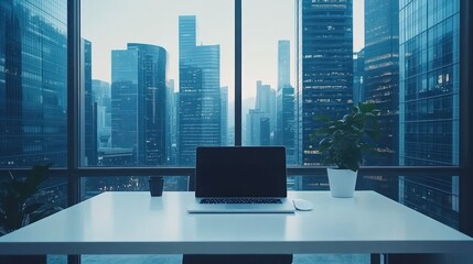 Modern office workspace with city view. Laptop on a white table, overlooking skyscrapers.