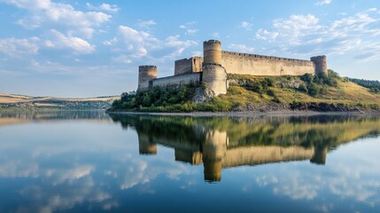Majestic Stone Fortress Reflecting on a Serene Lake