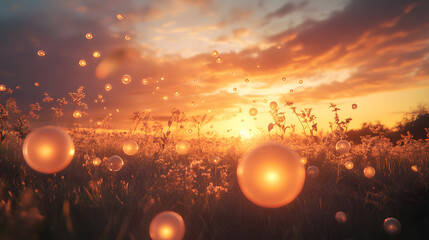A surreal meadow filled with floating glowing orbs under a fiery sunset.