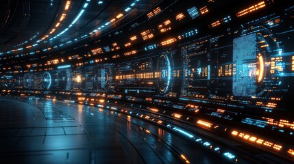 Futuristic tunnel with glowing holographic displays.