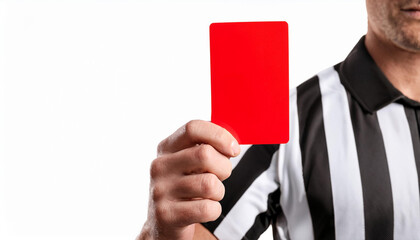 Close-up of a referee holding a red card against a white background