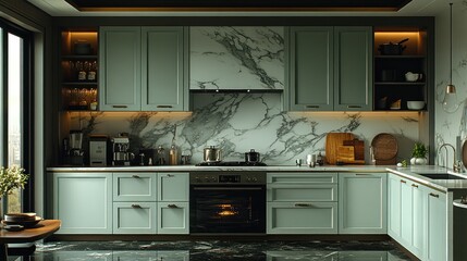 Modern, stylish kitchen with sage green cabinets, marble backsplash, and sleek appliances.