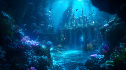 A surreal underwater palace glowing with bioluminescent coral and shimmering fish.