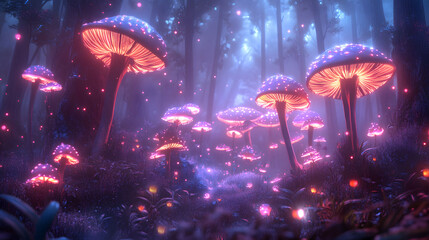 A surreal valley of glowing mushrooms and radiant floating spores.