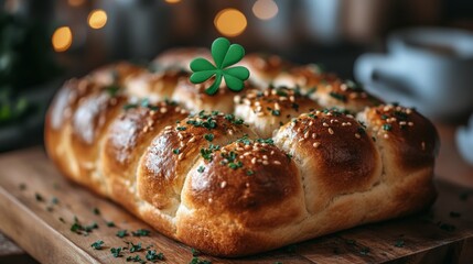 Festive bread with clover decoration displayed on wooden board during celebration