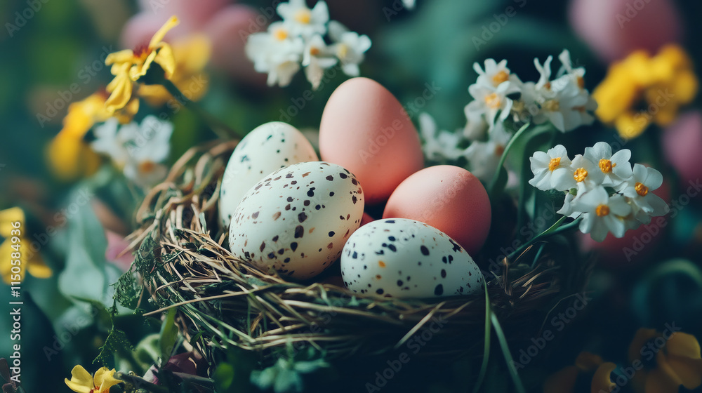 Poster pink and speckled easter eggs nestled in a bird's nest amidst vibrant spring blooms, marking the arr