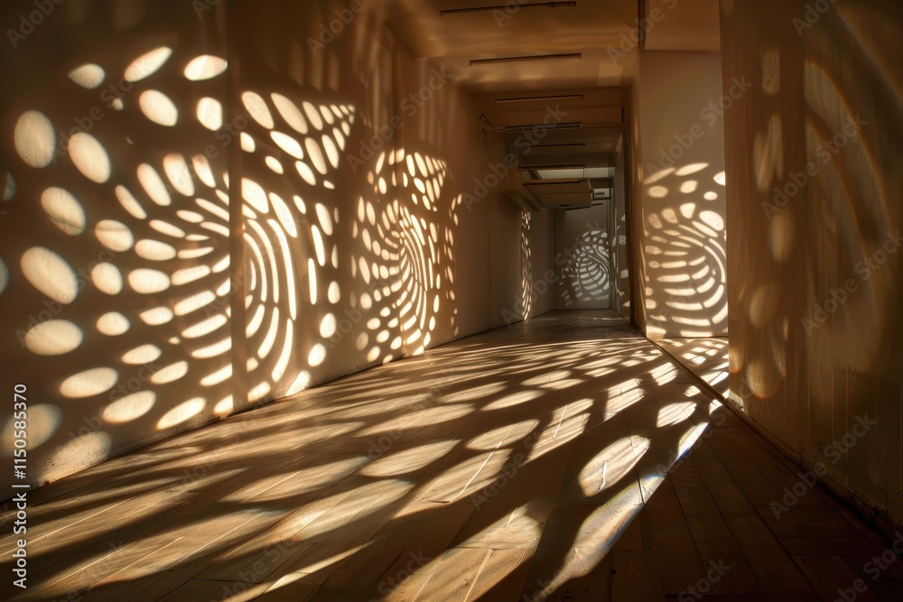 Poster Unique lighting patterns create captivating designs on the floor of an empty hallway during afternoon sunlight
