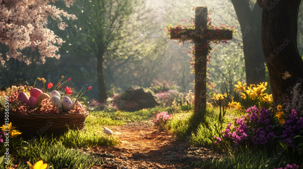 Poster easter eggs rest in a wicker basket next to a wooden cross adorned with flowers in a stunning spring