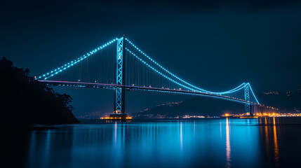 Obraz premium A towering bridge glowing with soft blue lights reflecting over a shimmering bay.