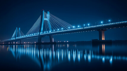 Obraz premium A towering bridge glowing with soft blue lights reflecting over a shimmering bay.