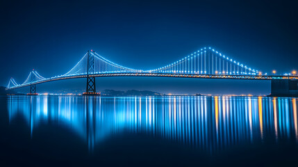 Fototapeta premium A towering bridge glowing with soft blue lights reflecting over a shimmering bay.