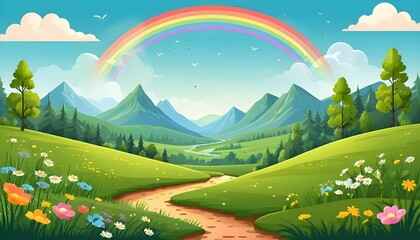 Fototapeta premium Breathtaking Nature Scene Background Featuring a Vibrant Rainbow Arching Across the Sky in a Serene Landscape