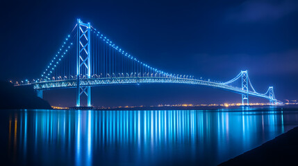 Obraz premium A towering bridge glowing with soft blue lights reflecting over a shimmering bay.