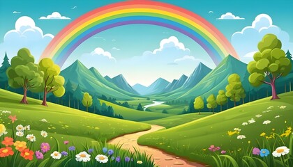 Naklejka premium Breathtaking Nature Scene Background Featuring a Vibrant Rainbow Arching Across the Sky in a Serene Landscape