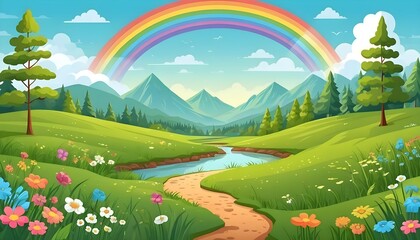 Fototapeta premium Breathtaking Nature Scene Background Featuring a Vibrant Rainbow Arching Across the Sky in a Serene Landscape