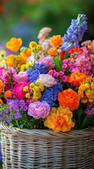 Vibrant floral arrangement in a woven basket displayed at a local market during spring season