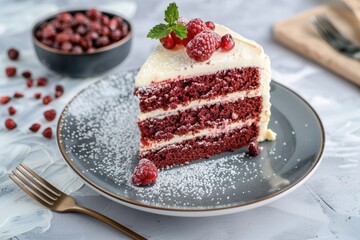 Red velvet cake slice with fresh raspberries on plate and dessert bowl in background