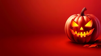 Glowing eyed halloween pumpkin on red background, 3d jack s lantern banner for all hallows eve. Hallowed. Illustration