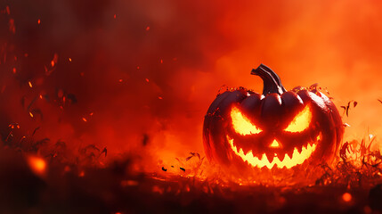 Glowing eyed halloween pumpkin on red background, 3d jack s lantern banner for all hallows eve. Hallowed. Illustration