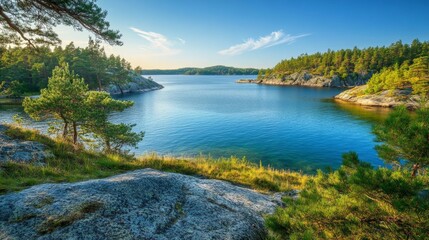 Naklejka premium Serene Lakeside Scenery: A Peaceful Nature Escape