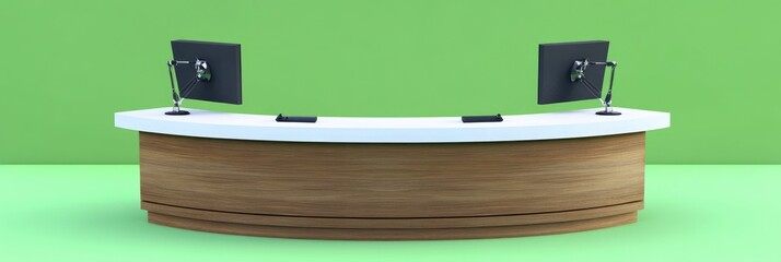 Tri-View News Workspace: Vibrant Blue Studio for Sports Broadcasts & Weather Reports on Green Screen