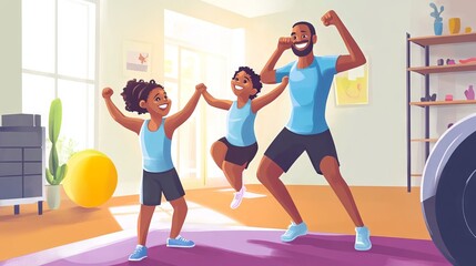 Obraz premium Happy Family Sport Activity. Mother, Father and Kid Doing Morning Exercising at Home. Dad, Mom and Little Son Fitness Workout Exercise, Healthy Lifestyle Indoor Sports Cartoon Flat Vector Illustration