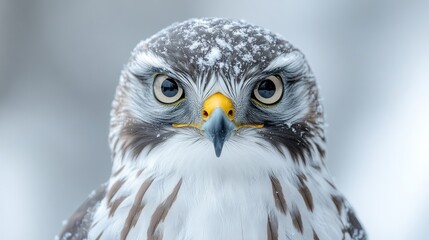 Fototapeta premium Close-up of a hawk's face covered in snow.