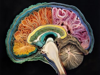 Brain Cross section Showcasing Intricate Inner Structures and Vibrant Colors