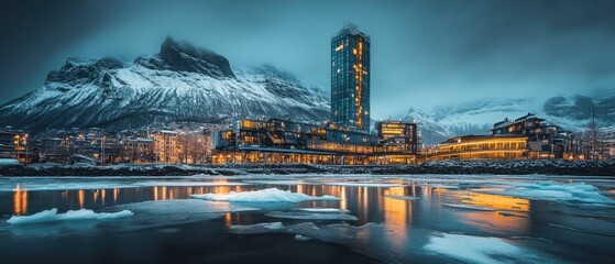 Obraz premium Majestic ice-capped mountains and floating icebergs reflect in calm blue waters at dawn in a serene arctic landscape