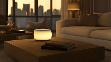 A cozy living room scene featuring a glowing lamp on a wooden coffee table.