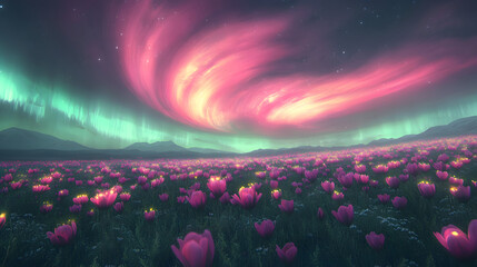 A vast field of glowing flowers under a swirling aurora sky.