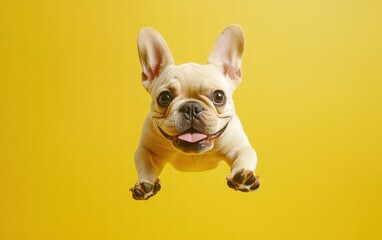 Fototapeta premium A cheerful French bulldog levitating mid-air with a dynamic twist, on a vibrant yellow background