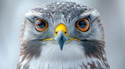 Obraz premium Close-up portrait of a hawk with orange eyes and speckled feathers, snow on its head.