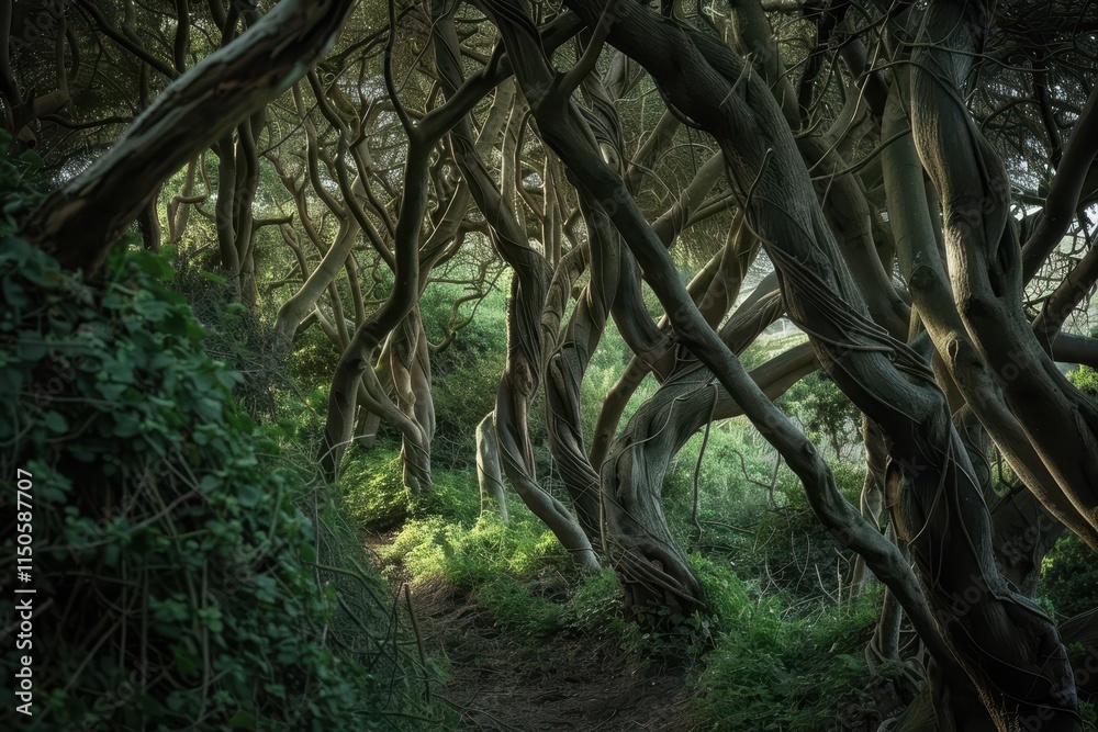 Poster Sunlight filters through dense twisted trees in a serene forest path in the early morning hours