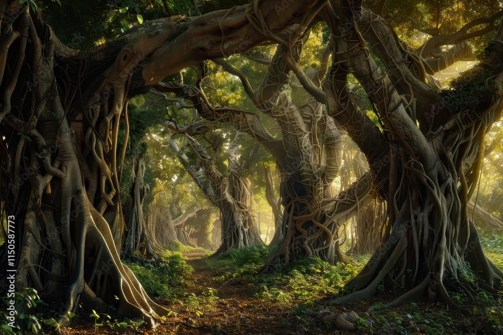 Poster Sunlight filters through dense twisted trees in a serene forest path in the early morning hours