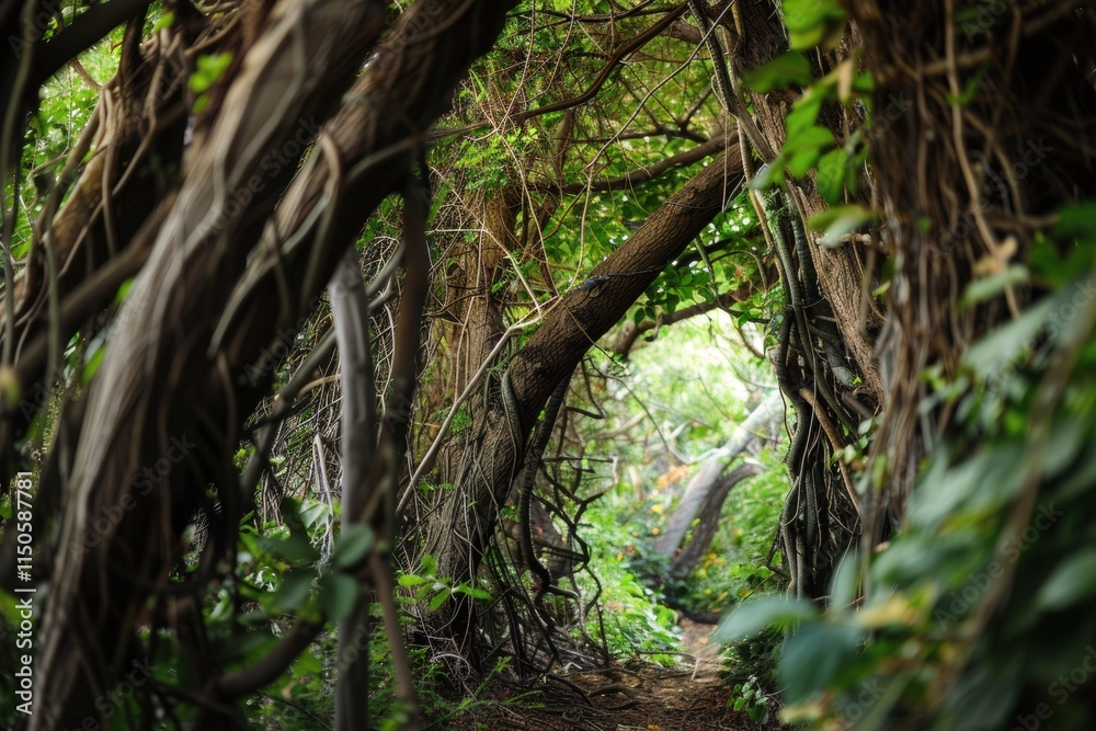 Poster Sunlight filters through dense twisted trees in a serene forest path in the early morning hours